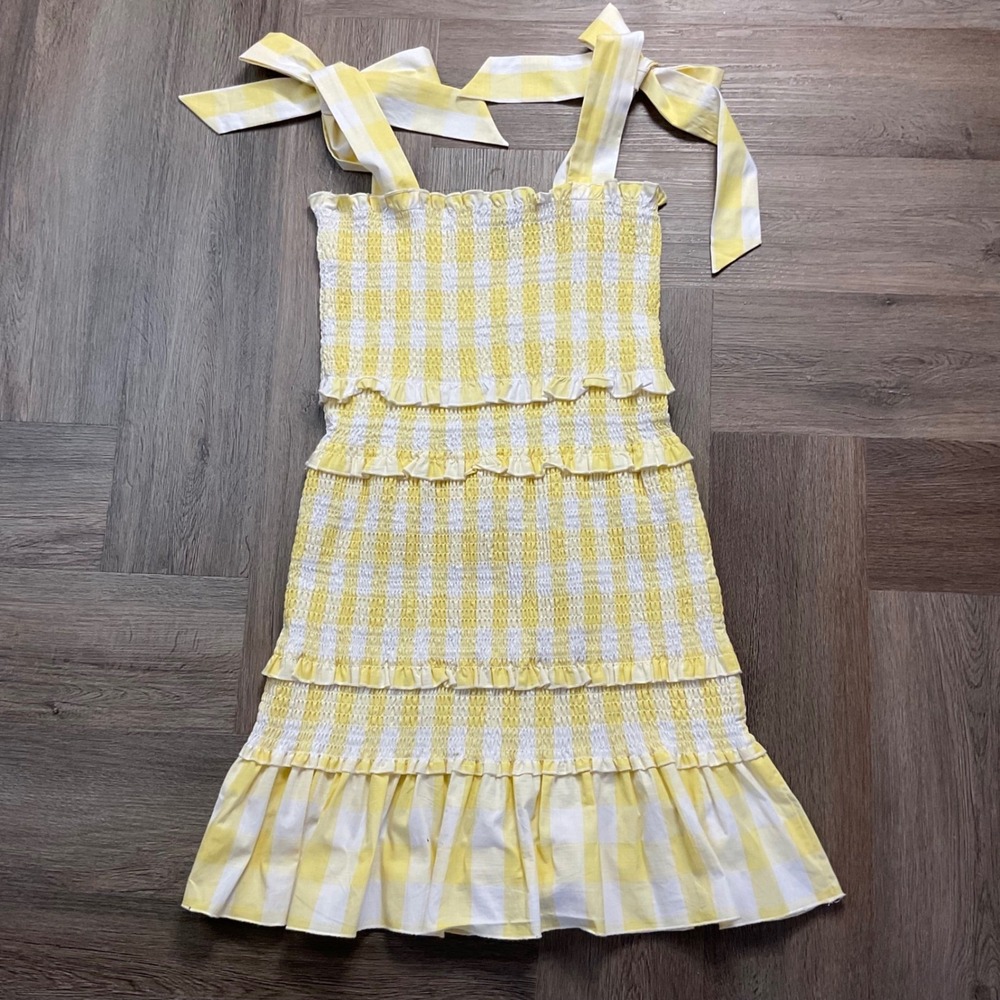 AQUA Gingham Smocked‎ Tiered Tie Shoulder Bows Dress Womens Medium Yellow White - Picture 3 of 8